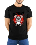 Funny Angry Mouse GRRR Cartoon Graphic T Shirt Cute Rage Style - model wearing black tee with hands behind back