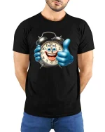 Funny Smiling Alarm Clock Cartoon Graphic T Shirt Good Time - model wearing black tee with hands behind back