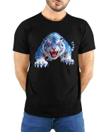Fierce Blue White Tiger Graphic T Shirt Wild Predator Style - model wearing black tee with hands behind back