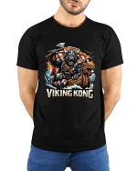 Viking Kong Warrior Graphic T Shirt Epic Norse Monster Style - model wearing black tee with hands behind back
