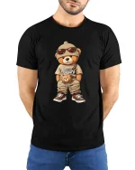 Cool Streetwear Teddy Bear Cartoon Graphic T Shirt Urban Style - model wearing black tee with hands behind back