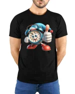 Funny Cartoon Alarm Clock Thumbs Up Graphic T Shirt Good Vibes - model wearing black tee with hands behind back