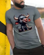 Cute Baby Bull Cartoon Graphic T Shirt Funny Farm Animal Art - model wearing grey tee, leaning on column