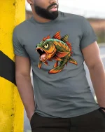 Fierce Piranha Fish Cartoon Graphic T Shirt Wild Predator Art - model wearing grey tee, leaning on column