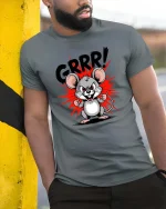 Funny Angry Mouse GRRR Cartoon Graphic T Shirt Cute Rage Style - model wearing grey tee, leaning on column