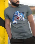 Fierce Blue White Tiger Graphic T Shirt Wild Predator Style - model wearing grey tee, leaning on column