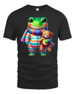 Cute Frog Pajama Buddy Teddy Bear Cartoon Graphic T Shirt - black t-shirt on white background