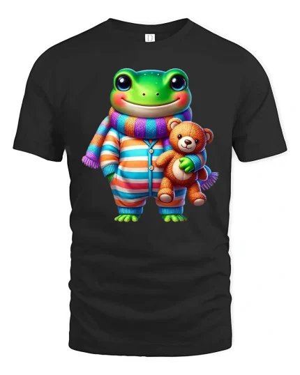 Cute Frog Pajama Buddy Teddy Bear Cartoon Graphic T Shirt - black t-shirt on white background