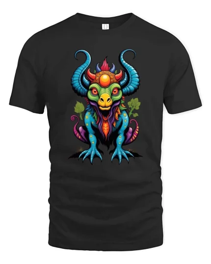 Colorful Mythical Dragon Beast Fantasy Cartoon Graphic T Shirt - black t-shirt on white background