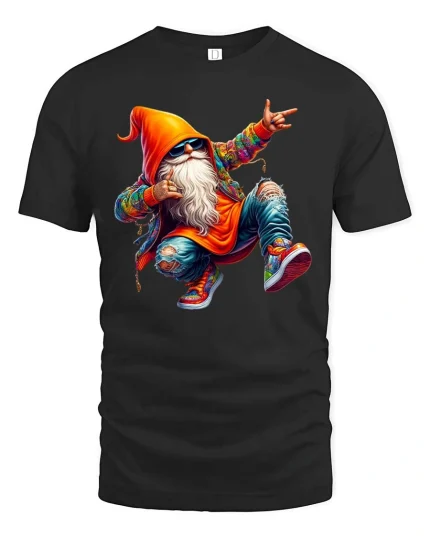 Cool Streetwear Dancing Gnome Hip Hop Cartoon Graphic T Shirt - black t-shirt on white background