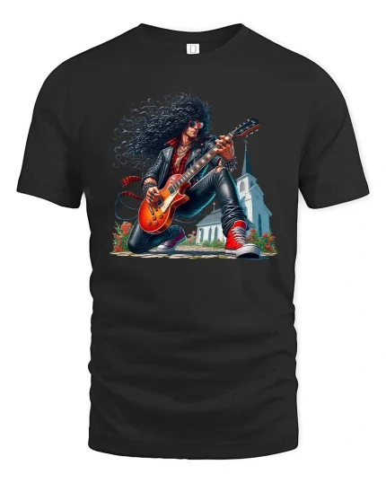 Vintage Rock Guitarist Cartoon Graphic T Shirt With Classic Style - black t-shirt on white background