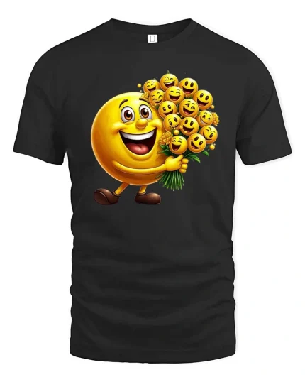 Happy Smiley Face Bouquet Cartoon Graphic T Shirt Cute Fun Style - black t-shirt on white background