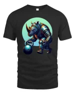 Strong Rhino Weightlifting Cartoon Graphic T Shirt Gym Beast Style - black t-shirt on white background