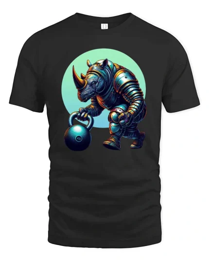 Strong Rhino Weightlifting Cartoon Graphic T Shirt Gym Beast Style - black t-shirt on white background