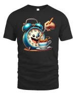 Funny Coffee Alarm Clock Cartoon Graphic T Shirt Morning Mood - black t-shirt on white background