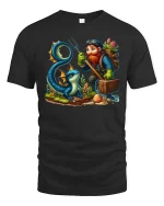 Fantasy Adventurer Gnome And Mystic Sea Dragon Cartoon T Shirt - black t-shirt on white background