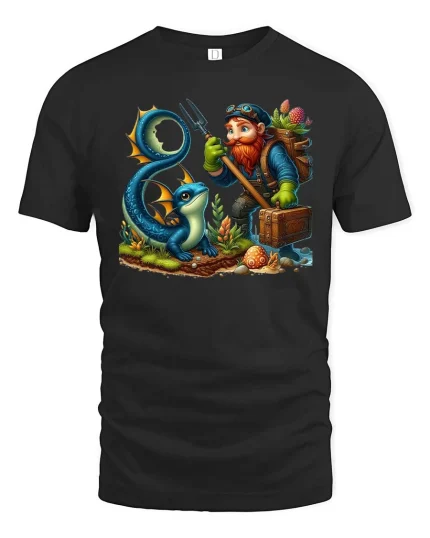 Fantasy Adventurer Gnome And Mystic Sea Dragon Cartoon T Shirt - black t-shirt on white background