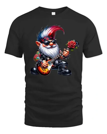 Rockstar Punk Gnome Playing Electric Guitar Cartoon T Shirt - black t-shirt on white background