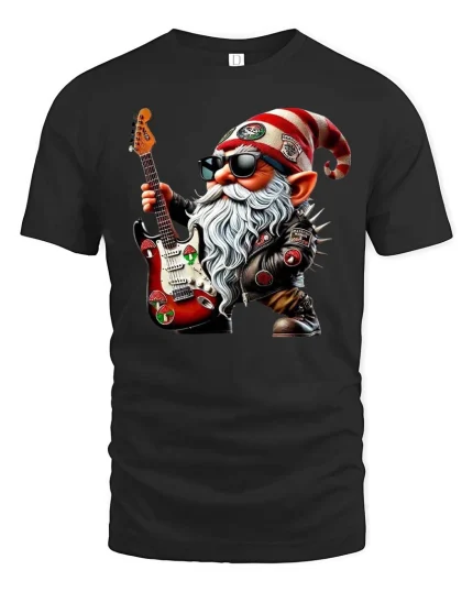 Rockstar Gnome Electric Guitar Cartoon Graphic T Shirt Cool Style - black t-shirt on white background