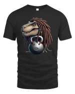 Funny Dreadlock Dinosaur Lifting Kettlebell Cartoon T Shirt - black t-shirt on white background