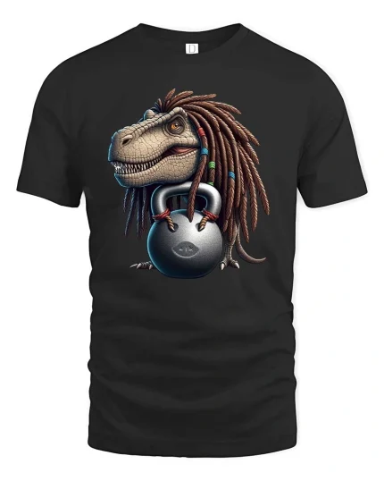 Funny Dreadlock Dinosaur Lifting Kettlebell Cartoon T Shirt - black t-shirt on white background