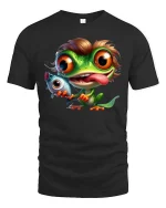Funny Fishing Frog With Big Eyes Cartoon Graphic T Shirt - black t-shirt on white background