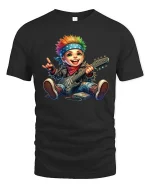 Cute Punk Rock Kid Playing Electric Guitar Cartoon T Shirt - black t-shirt on white background