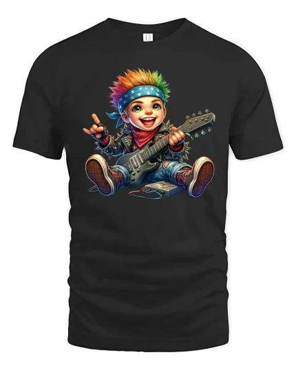 Cute Punk Rock Kid Playing Electric Guitar Cartoon T Shirt - black t-shirt on white background