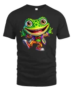 Happy Dancing Frog In Colorful Suit Cartoon Graphic T Shirt - black t-shirt on white background
