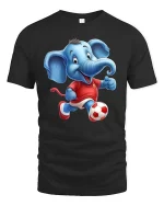 Cute Soccer Elephant Playing Football Cartoon Graphic T Shirt - black t-shirt on white background