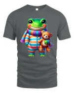 Cute Frog Pajama Buddy Teddy Bear Cartoon Graphic T Shirt - gray t-shirt on white background