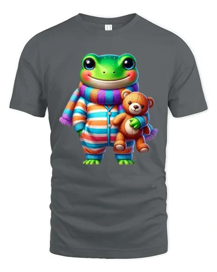Cute Frog Pajama Buddy Teddy Bear Cartoon Graphic T Shirt - gray t-shirt on white background