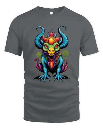 Colorful Mythical Dragon Beast Fantasy Cartoon Graphic T Shirt - gray t-shirt on white background