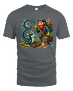 Fantasy Adventurer Gnome And Mystic Sea Dragon Cartoon T Shirt - gray t-shirt on white background