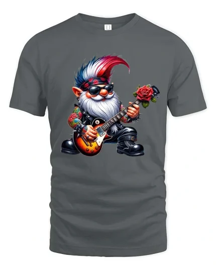 Rockstar Punk Gnome Playing Electric Guitar Cartoon T Shirt - gray t-shirt on white background