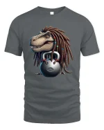 Funny Dreadlock Dinosaur Lifting Kettlebell Cartoon T Shirt - gray t-shirt on white background