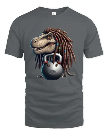 Funny Dreadlock Dinosaur Lifting Kettlebell Cartoon T Shirt - gray t-shirt on white background