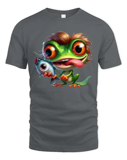 Funny Fishing Frog With Big Eyes Cartoon Graphic T Shirt - gray t-shirt on white background