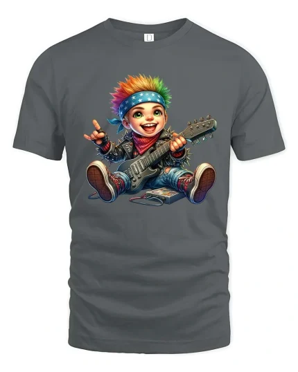 Cute Punk Rock Kid Playing Electric Guitar Cartoon T Shirt - gray t-shirt on white background