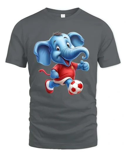Cute Soccer Elephant Playing Football Cartoon Graphic T Shirt - gray t-shirt on white background