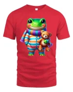 Cute Frog Pajama Buddy Teddy Bear Cartoon Graphic T Shirt - red t-shirt on white background