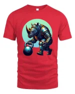 Strong Rhino Weightlifting Cartoon Graphic T Shirt Gym Beast Style - red t-shirt on white background