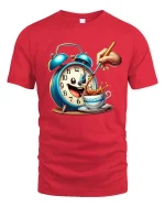 Funny Coffee Alarm Clock Cartoon Graphic T Shirt Morning Mood - red t-shirt on white background