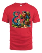 Fantasy Adventurer Gnome And Mystic Sea Dragon Cartoon T Shirt - red t-shirt on white background