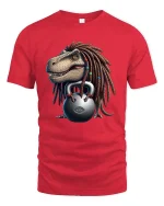 Funny Dreadlock Dinosaur Lifting Kettlebell Cartoon T Shirt - red t-shirt on white background