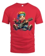 Cute Punk Rock Kid Playing Electric Guitar Cartoon T Shirt - red t-shirt on white background