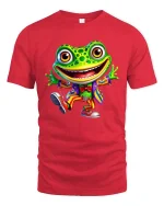 Happy Dancing Frog In Colorful Suit Cartoon Graphic T Shirt - red t-shirt on white background