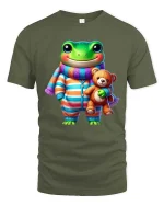 Cute Frog Pajama Buddy Teddy Bear Cartoon Graphic T Shirt - military green t-shirt on white background