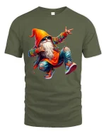 Cool Streetwear Dancing Gnome Hip Hop Cartoon Graphic T Shirt - military green t-shirt on white background