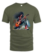 Vintage Rock Guitarist Cartoon Graphic T Shirt With Classic Style - military green t-shirt on white background
